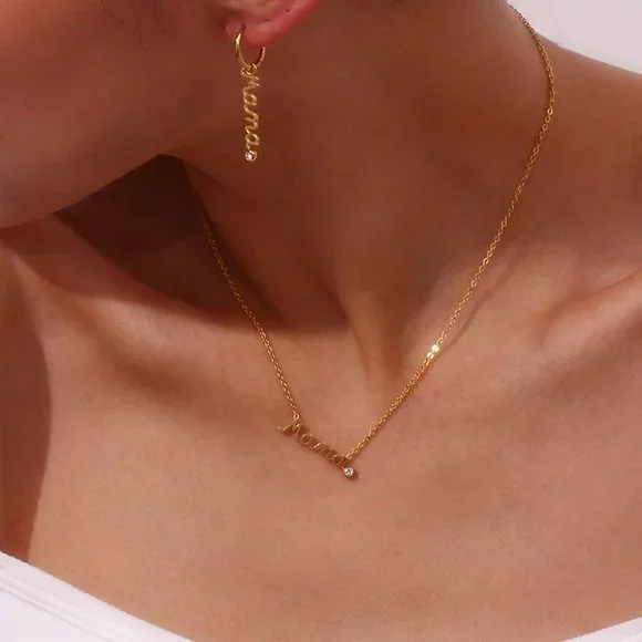 Mama Pendant Necklace Zircon 18K Gold Plated Stainless Steel - Picture 3 of 7